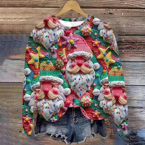 Womens 3D Christmas Graphic Sweatshirts Trendy Crewneck Long Sleeve Pullover Casual Aesthetic Funny Xmas Holiday Tops3