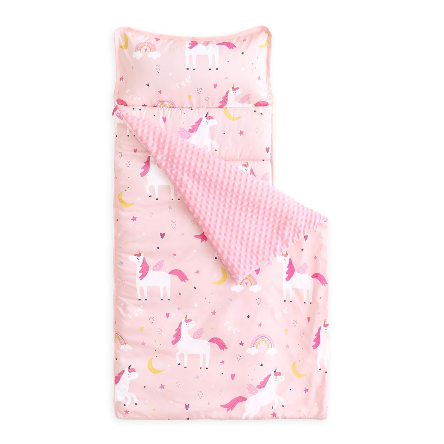 Wake In Cloud - Toddler Nap Mat with Pillow and Minky Fleece Blanket, for Kids Girls in Daycare Preschool Kindergarten, Roll Up Sleeping Bag, Colorful Unicorn Rainbow, Pink, Standard