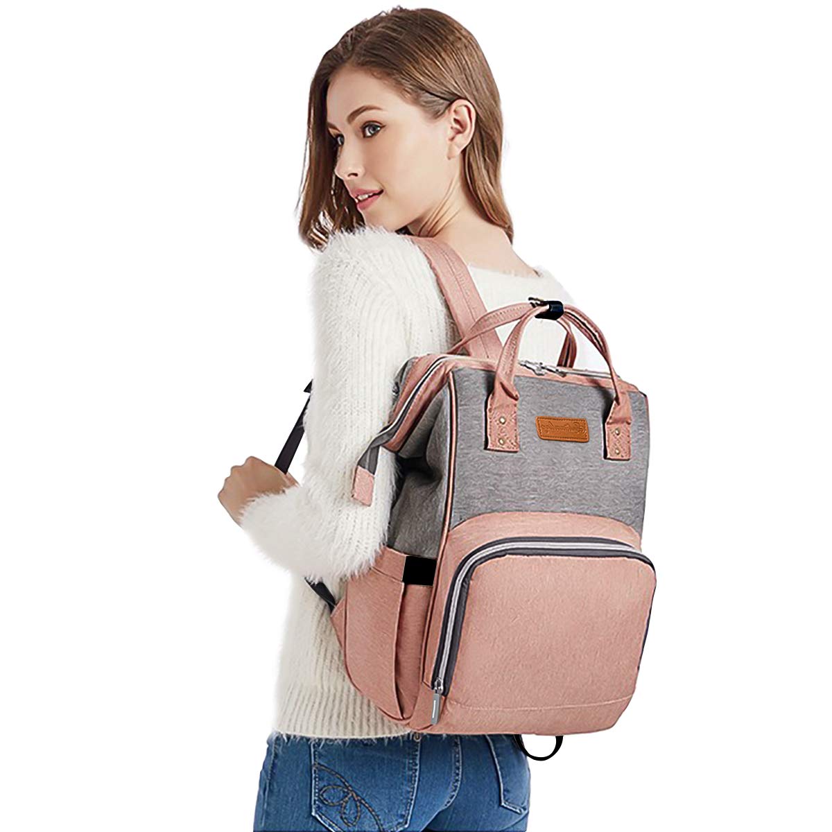 SONARIN Multifunzione Zaino Fasciatoio Bambino per Pannolini,Organizer per Zaino da Viaggio,Interfaccia USB,Impermeabile,Grande Capacità(Rosa & Grigio)