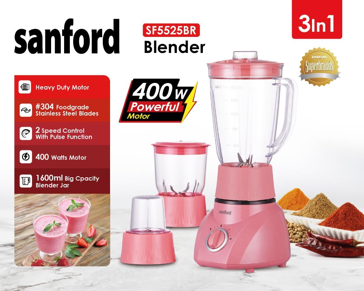 Sanford SF5525BR 3-in-1 Blender in pink with various attachments