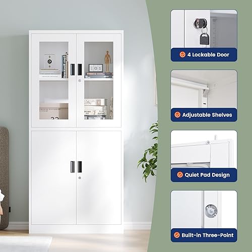 Miniatura 5 de Yizosh Armario de almacenamiento de metal con puertas de cristal, gabinete de exhibición de 71 pulgadas con bloqueo con 2 estantes ajustables,