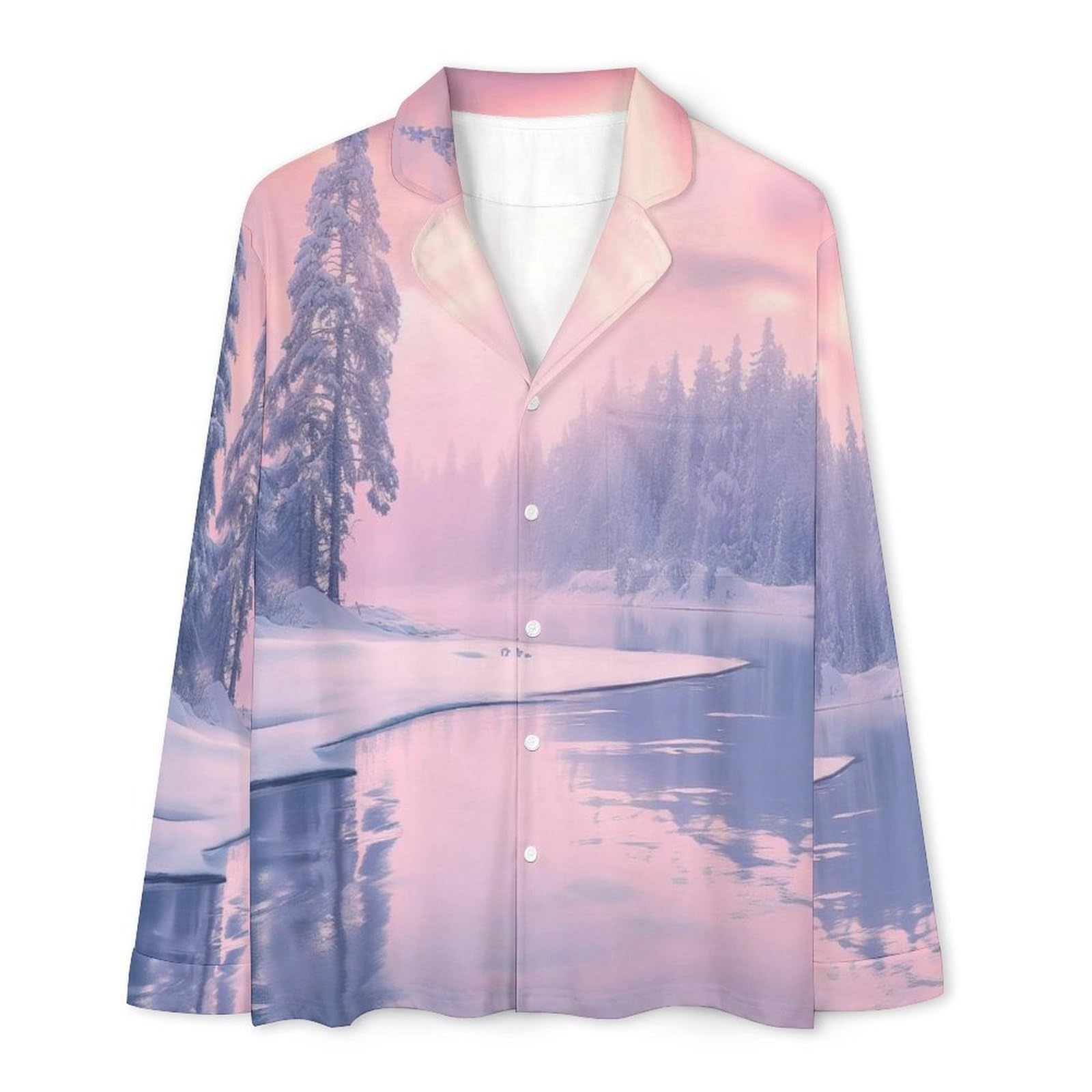 Pigiama da Uomo in Bellissimo Scenario Invernale, Due Pezzi Set Completo con Camicia a Maniche Lunghe Bottoni e Pantaloni con Tasche Abbigliamento Casa Rosa