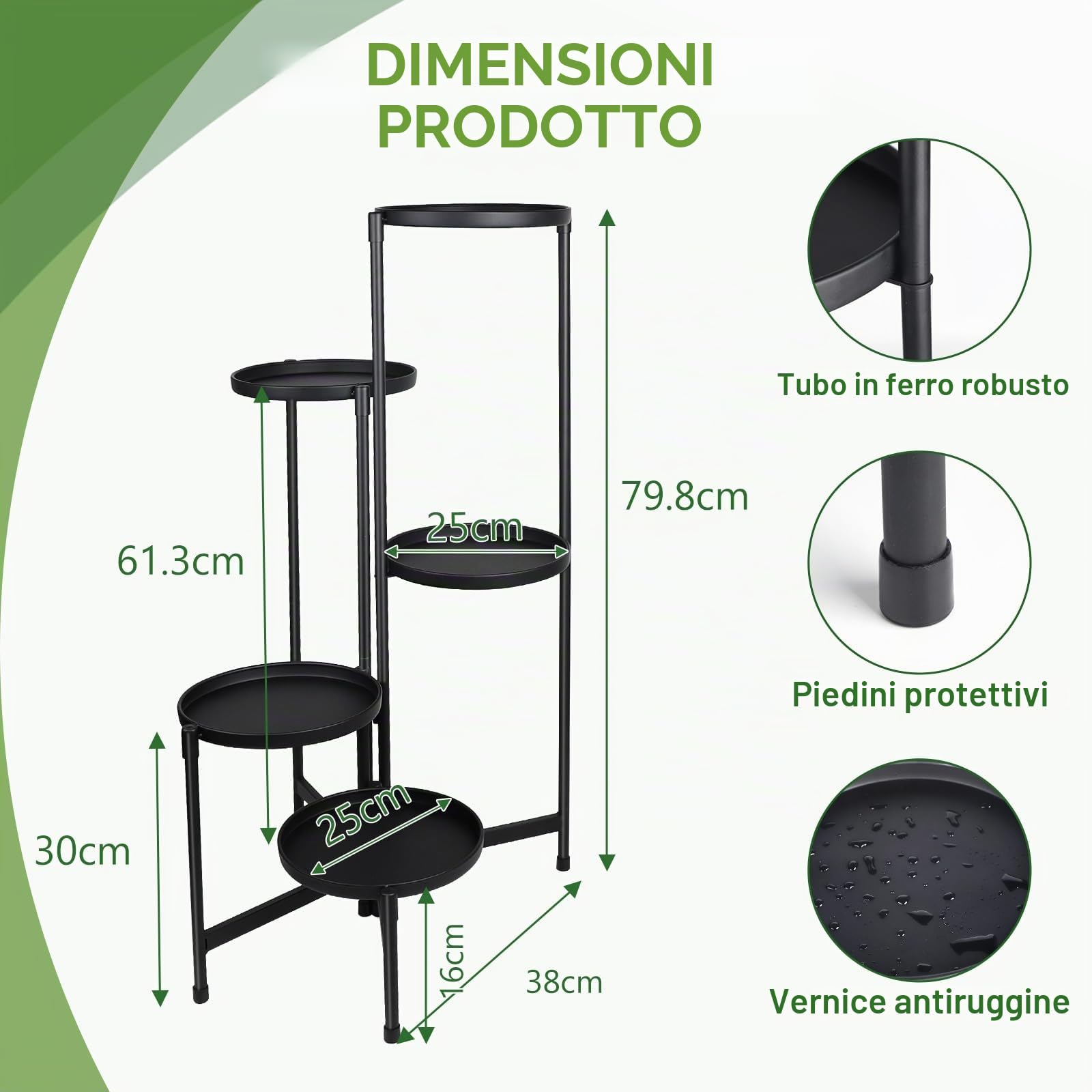 lalago Scaffale Portavasi, 5 Ripiani Ø25cm Mobile Portafiori Metallo, Tavolino per Vasi, Fioriera Interno con 5 Mensole Porta Piante, per Balcone, Giardino, Soggiorno, Camera da letto, Sala studio