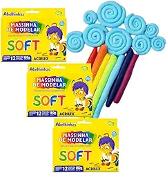 Massinha De Modelar Soft Conjunto 12 Cores Acrilex Estojo Coloridas Textura Macia Não Tóxica Volta As Aulas (Kit 3 Caixas)