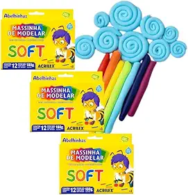 Massinha De Modelar Soft Conjunto 12 Cores Acrilex Estojo Coloridas Textura Macia Não Tóxica Volta As Aulas (Kit 3 Caixas)