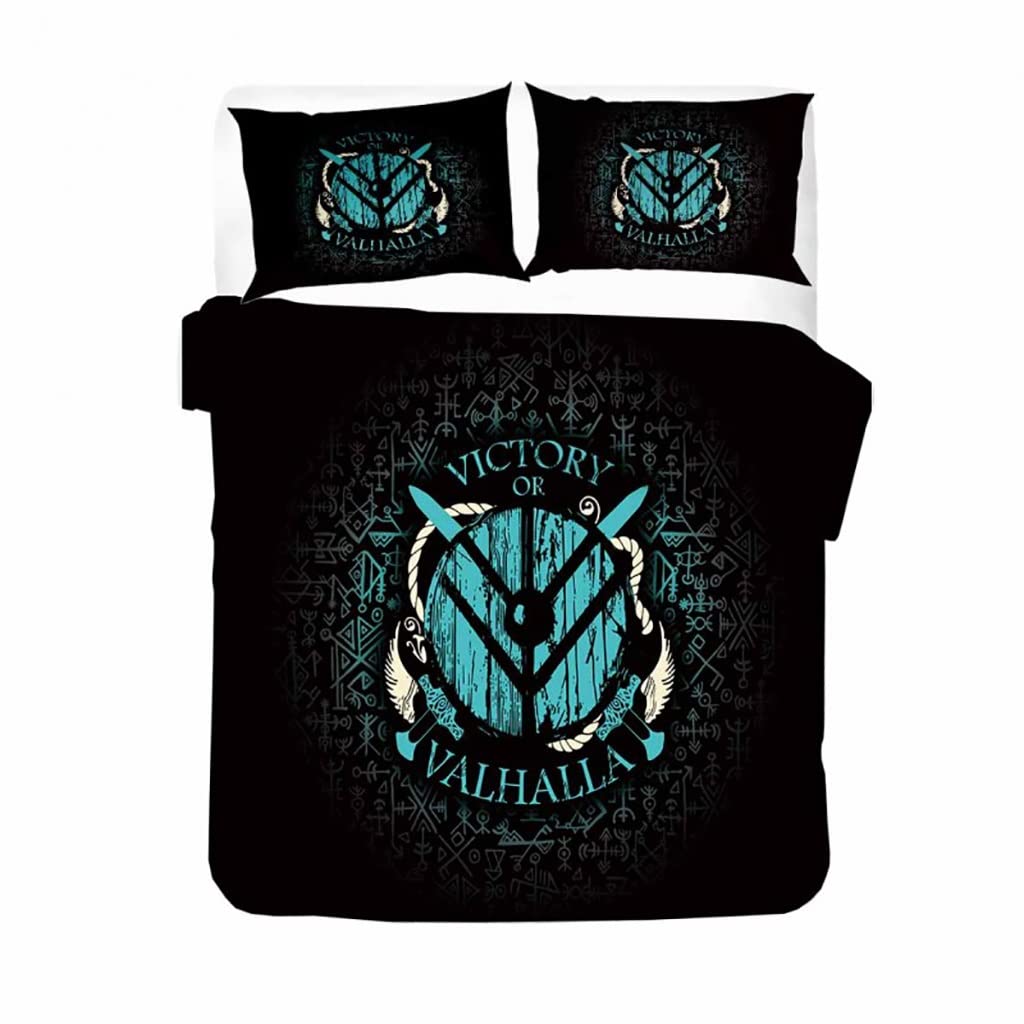 Housse de couette mythologie nordique bleue, parure de lit Vikings vintage 3 pièces