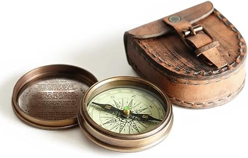 Wind & Weather Antiqued Brass Poem Compass with Leather Case