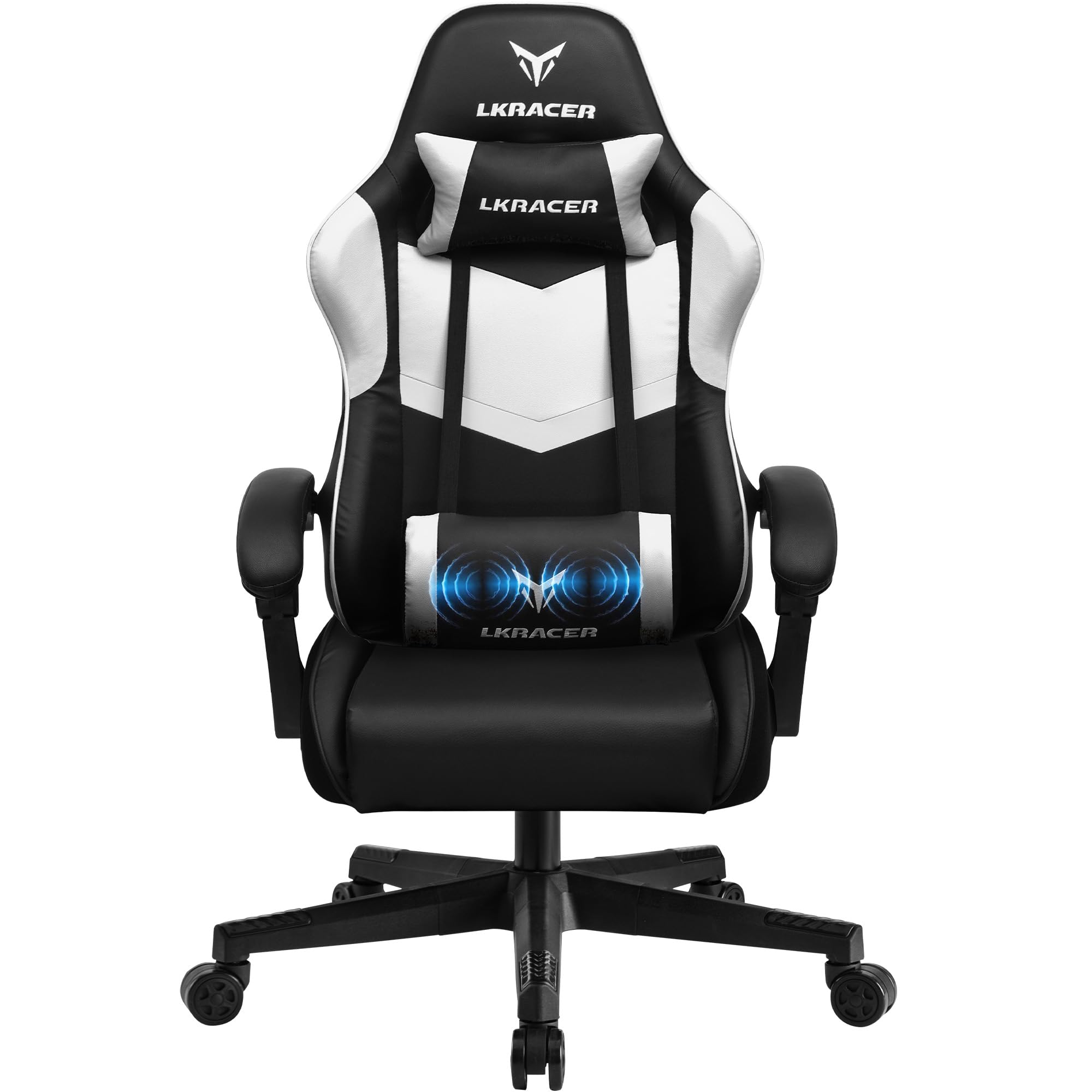 GTPLAYER Chaise de Jeu, de Bureau, de Massage, Ergonomique, pour Gamer, appuie-tête, Coussin Lombaire rembourré, Fauteuil pivotant, Supporte 150 kg, Blanc