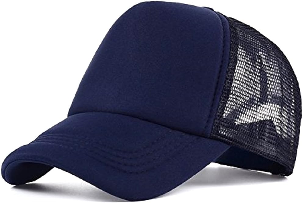 Half Fabric Half Mesh Unisex Baseball Cap - Trucker Hat With Plain Curved Visor - Black Snapback for Men and Women - Hiphop Style, Navy Blue, Free Size