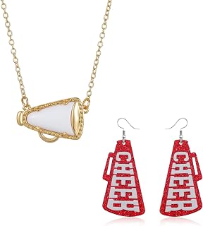 Cheerleader Necklace Earrings Set for Women Dainty Gymnastics Cheerleading Megaphone Pendant Necklace Glitter CHEER Megaphone Acrylic Earrings Team Sports Charm Jewelry