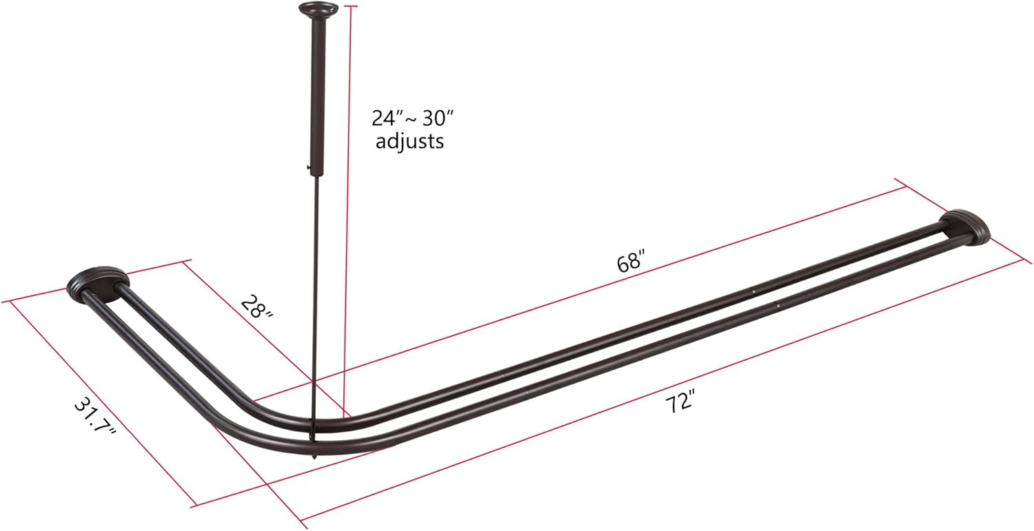 Utopia Alley Rustproof Wall Mounted Aluminum Double L Shaped Shower Curtain Rod 72" L x 31.7" W, with 24 Shower Hooks included & Ceiling Support (Oil Rubbed Bronze)