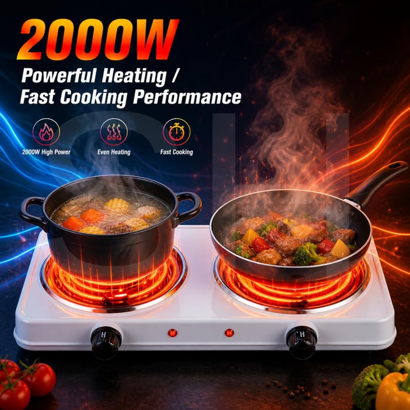Image of Drumstone 𝟏𝟓 𝐘𝐄𝐀𝐑𝐒 𝐖𝐀𝐑𝐑𝐀𝐍𝐓𝐘 Double Coil Hot Plate 2000W | Electric Dual Burner Cooktop with Temperature Control | Portable & Durable Stove for Kitchen, Travel & Emergency Cooking