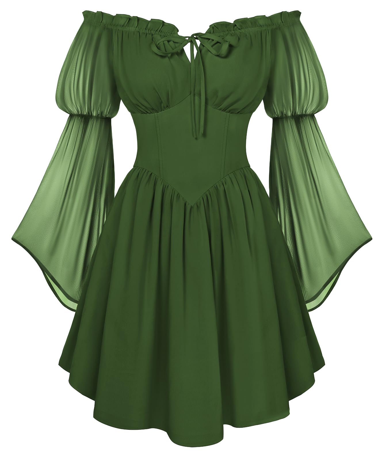 SCARLET DARKNESS Mini abito estivo da donna rinascimentale, spalle scoperte, con lacci, in chiffon, a maniche lunghe