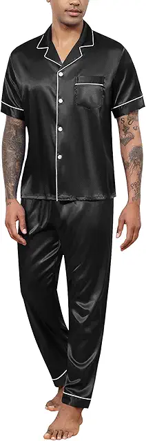 Men's Satin Pyjamas: Two-Piece Sleepwear with Short Top & Long Trousers