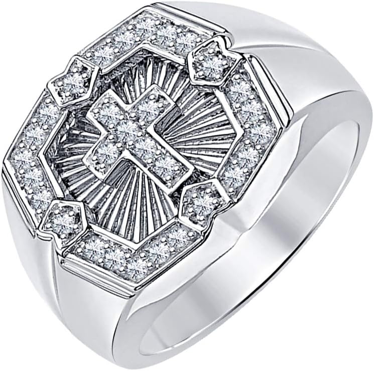 0.40 CTW Round Cut White Diamond 14k White Gold Plated Cross Ring For Men's.