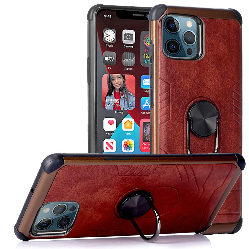 Techvibe Ring Stand Case Compatible with iPhone 12 Pro Max Case 6.7 inch (2020 Release), Drop Protection | Kickstand | Cushioned Corners | Leather Back - Coffee Brown