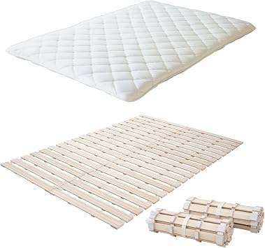 EMOOR Japanese Futon Mattress & Roll-Type Wood Slatted Bed Set CLASSE-Franco-ROLL Queen Unpainted, Solid Paulownia Sleeping Bed Tatami Mat