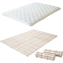 EMOOR Japanese Futon Mattress & Roll-Type Wood Slatted Bed Set CLASSE-Franco-ROLL Queen Unpainted, Solid Paulownia Sleeping Bed Tatami Mat