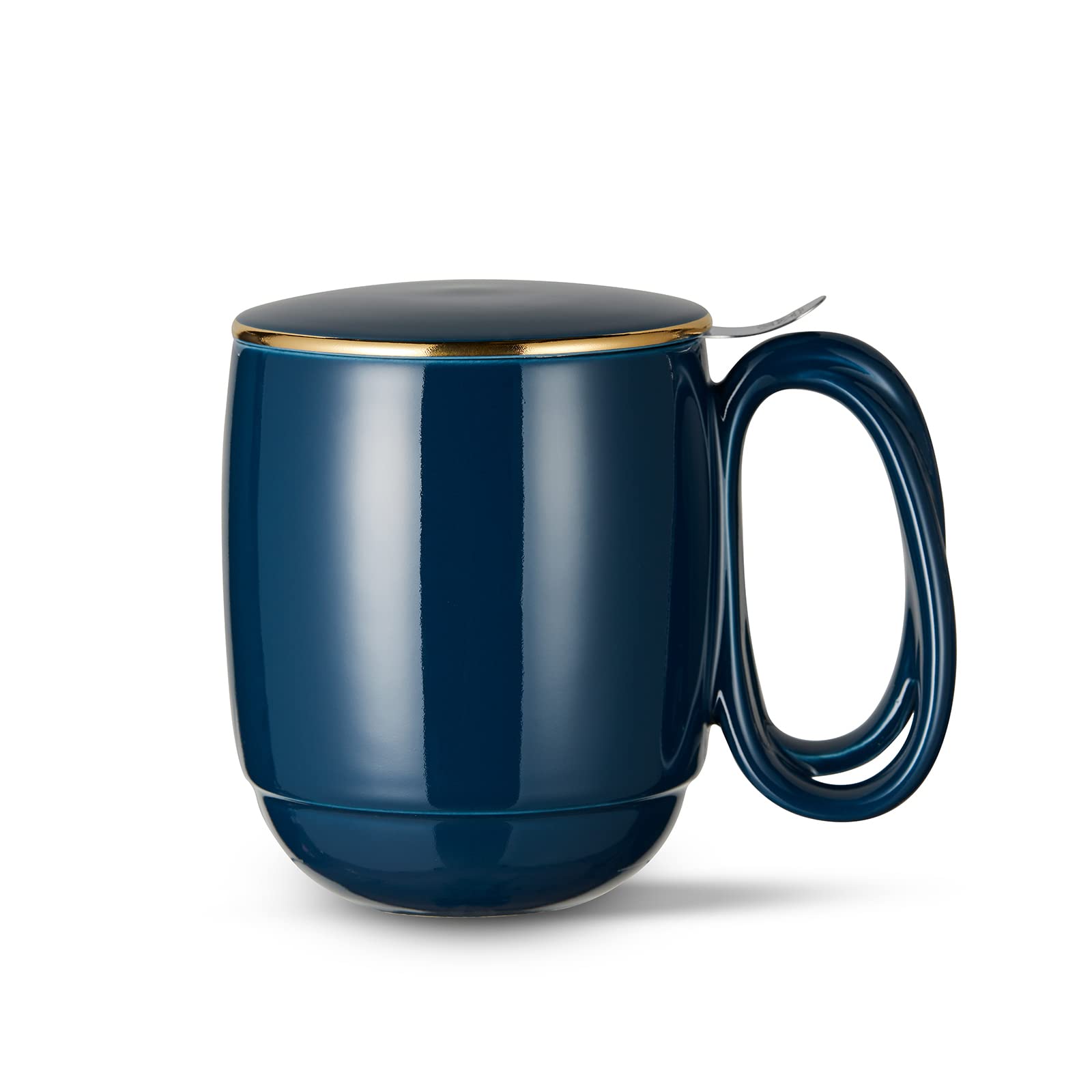 ZENS Tea Mug with Infuser, Porcelain Entwined Handle Loose Leaf Tea Cup, Gold Trim Lid Tea Steepimg Cup for Home or Office, Navy Blue