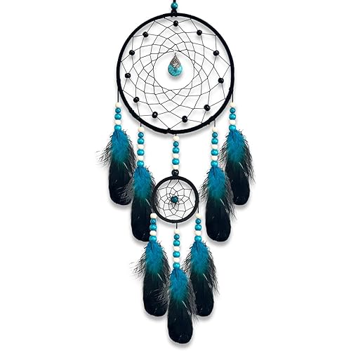 Two Ring Dream Catchers for Wall Hanging - Blue Black Feather Dream Catchers for Bedroom Adult Kids Boys Wall Art Ornament Craft Gifts