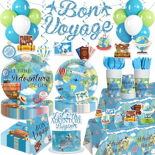 Yingoto 205pcs Bon Voyage Party Decorations Complete Party Set for 25 Guests Travel Themed Party Decorations for Bon Voyage Travel Adventure Around The World Theme Party