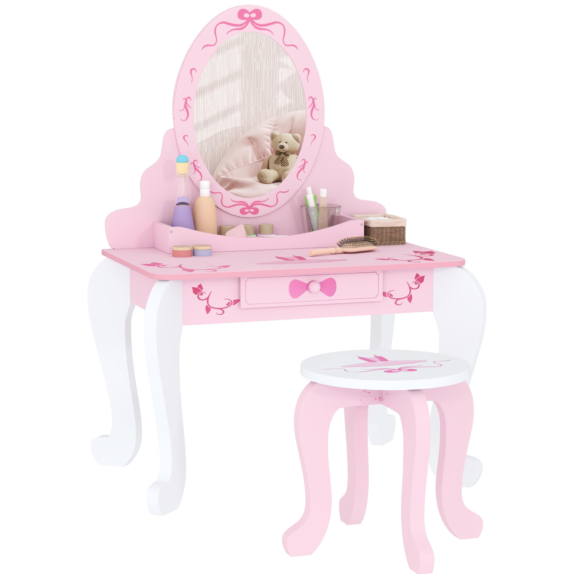 Set Di Tavolino E Sgabello Con Specchio E Cassetto Per Bambini, Set Di Tavolino E Sgabello Con Specchio E Cassetto Per Bambini Set Di Tavolino Da Trucco 2 In 1 Bianco