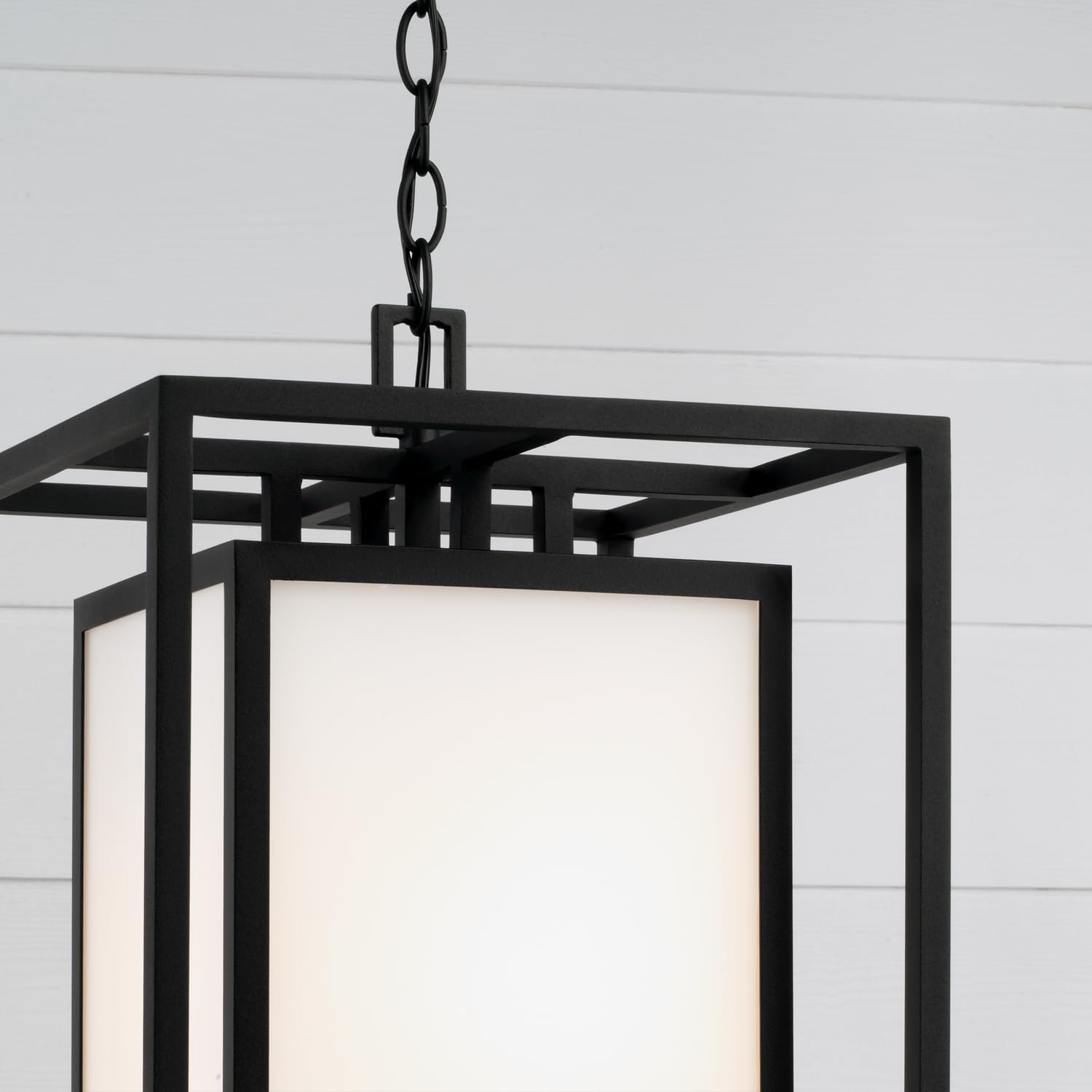 Capital Lighting 953114BK Aiden Modern Soft White Glass Outdoor Rectangular Pendant Hanging Lantern, 1-Light 100 Watt, 22" H x 13" W, Black