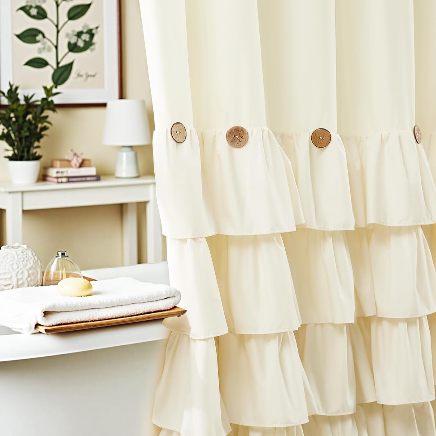 BTTN Ruffle Shower Curtain 96 Inch Long, Boho Farmhouse French Country Fabric Shower Curtains for Bathroom with Button, Extra Tall Cute Vintage Cloth Shower Curtain Set with Hooks, 72x96, Cream/Beige