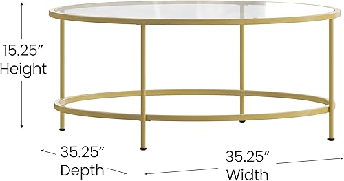 Miniatura 2 de EMMA + OLIVER Mesa de centro de cristal transparente para sala de estar con marco redondo de metal dorado cepillado