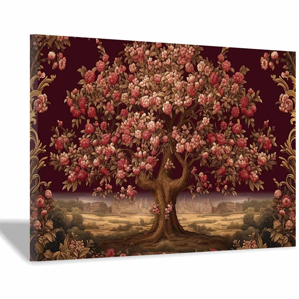 TERUEA Lienzos Decoracion Pared Salon Árbol Floral Rojo Dorado Vintage Ornamentado, arte pared para baño, sala estar, dormitorio, moderno, yoga,decoración de（Rojo-80x120cm Enmarcado