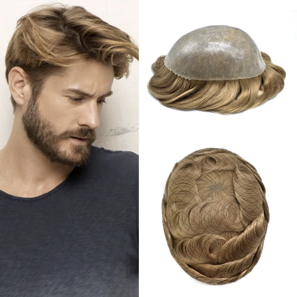 Toupee for Men Hair Replcement System Mens Toupee Full Poly Thin Skin Human Hair Piece All PU Injection Toupee Hair Systems (8X10'', 22R), 3 Fl Oz