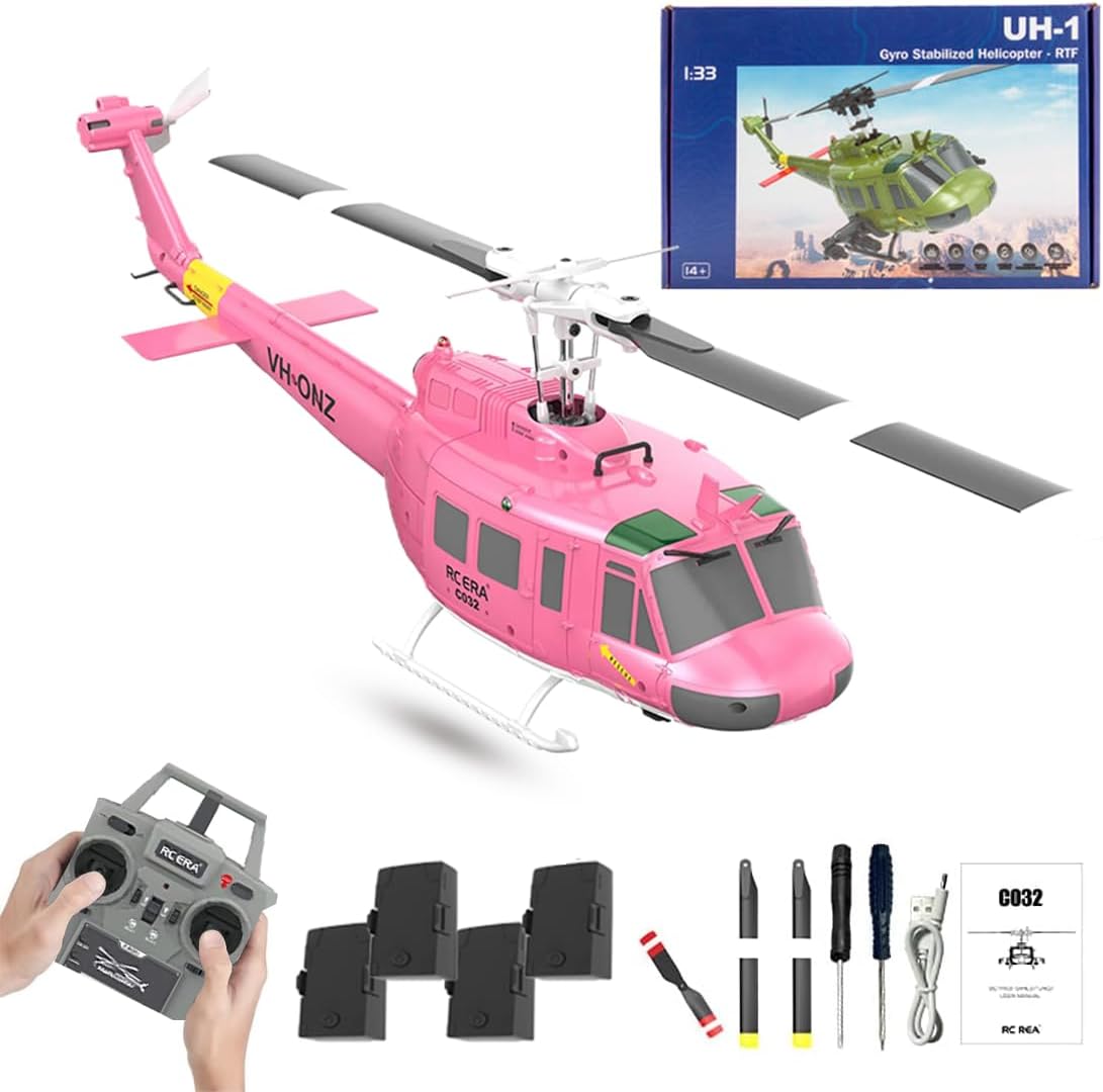 RC ERA C032 UH-1 Huey Helicopter, 1/48 Sacle 2.4G Remote Control Helicopters for Adult, 6CH Gyro Stabilized RC Aircraft with 3D Stunt, Altitude Hold & Optical Flow (4 Battery)