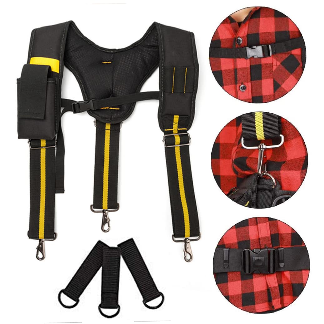 Terreteros de cinturón de herramientas, tirantes acolchados de 3 puntos, tirantes de cinturón de servicio pesado en forma de Y, tirantes de trabajo de soporte lumbar ajustable con bolsillo para carpi