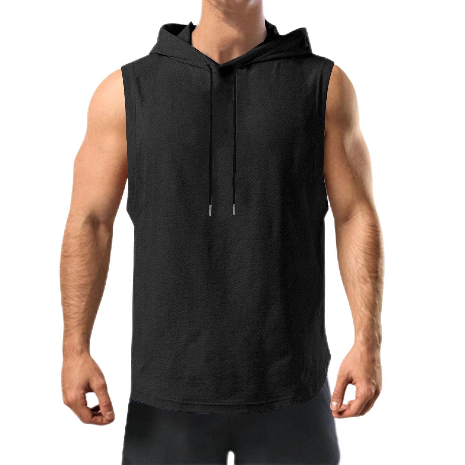Men's Hooded Tank Tops Cut Off Drawstring Sleeveless Hoodie Solid Vests Loose Lightweight Blouses Leisure Tees Muscle Fit Beach Sports Gym Tshirt Workout Fitness Athletic Training