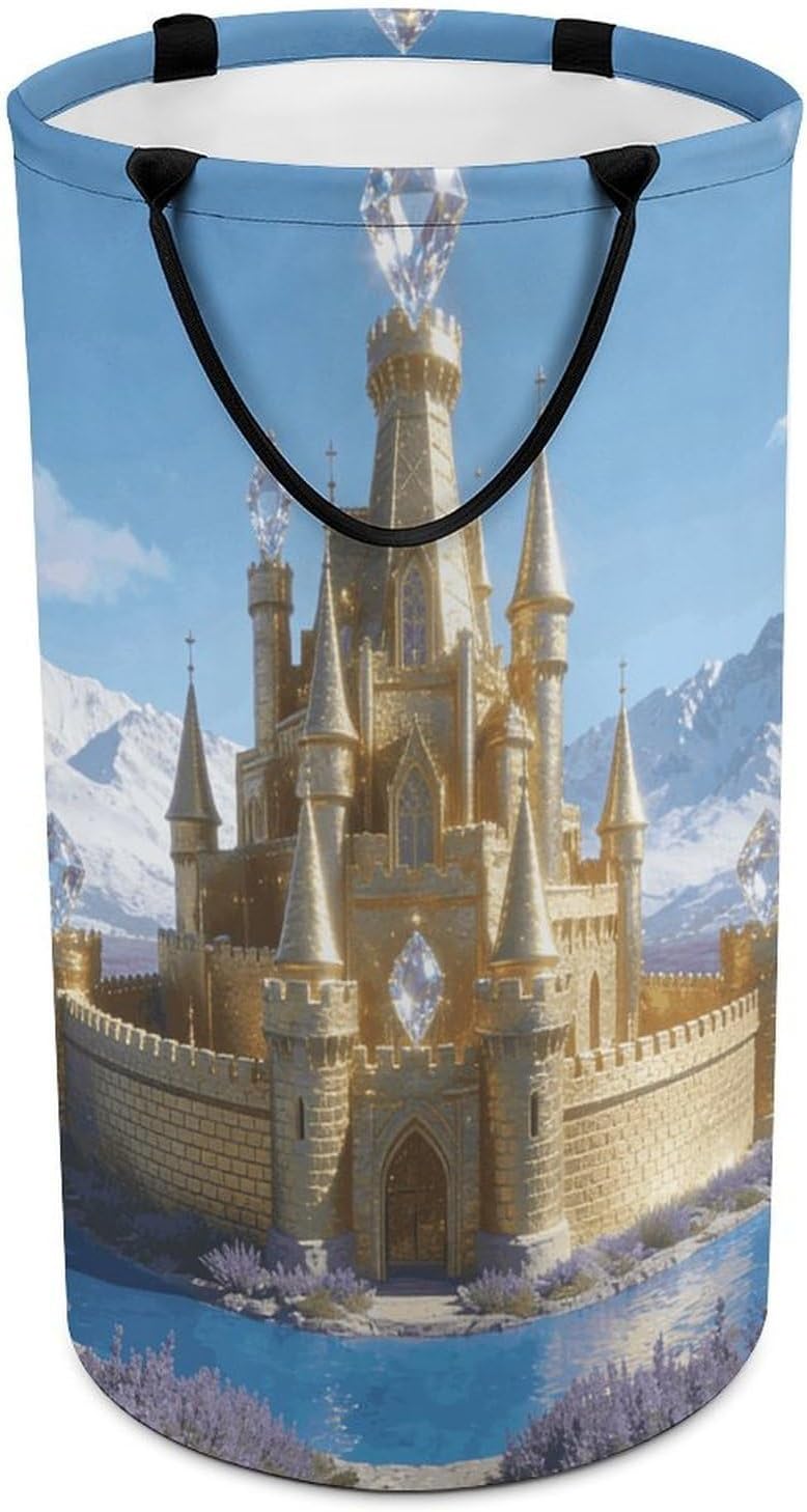 Golden Castle Laundry Hamper with Handles Waterproof Collapsible Laundry Basket Large Lightweight Round Dirty Clothes Hamper for Home Dorm Bathroom Decor