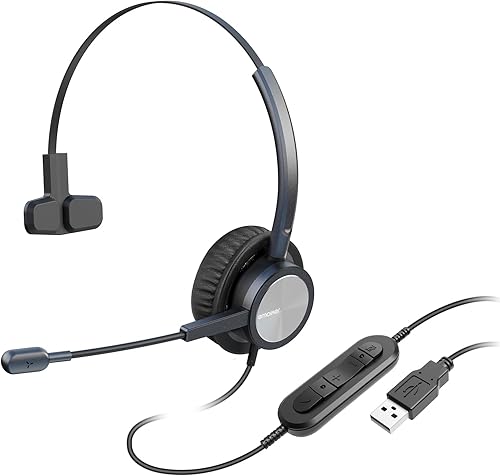 EMAIKER 1 auricular USB con micrófono para PC, Utra Comfort Office Work Auriculares con controles de audio para laptop, cómodos para equipos de