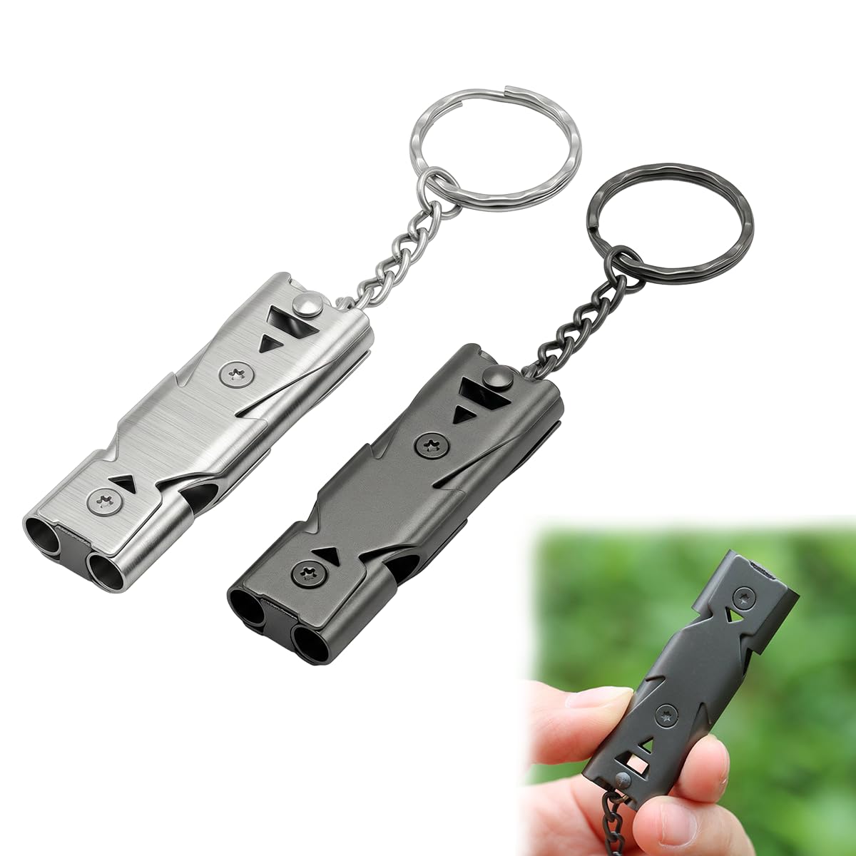 Notpfeife Aus Edelstahl Hochfrequenz Doppelrohr 80–150 dB Silber Und Gunmetal Für Outdoor, Notfall, Sport Und Signalgebung 2 Stück