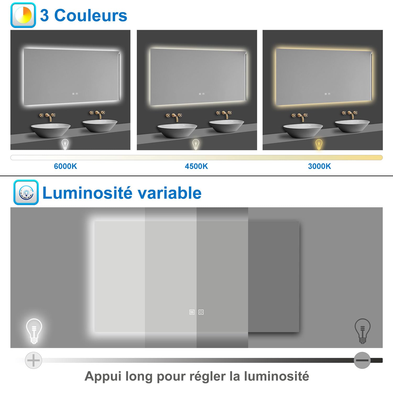 AICA Miroir Salle de Bain rectangulaire 70 x 50cm, 3 Couleurs + dimmable + Anti-buée + mémoire, Miroir Lumineux LED