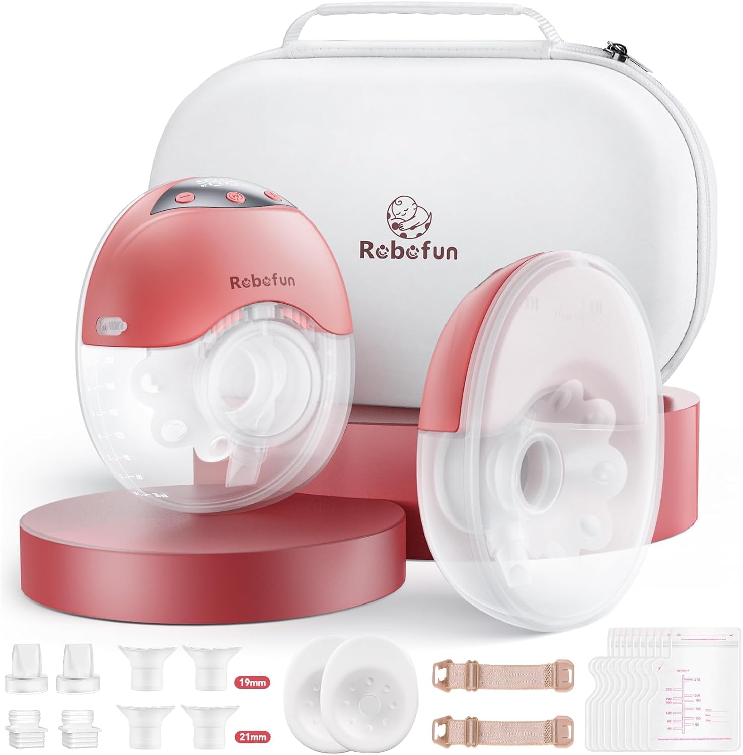 Milchpumpe Elektrisch Robofun Sacaleches Eléctrico Doble Manos Libres - 4 Modos/12 Niveles, Ultra Silencioso, Antiderrame, Portátil (Pack 2 Rosa) con Caja de Almacenamiento