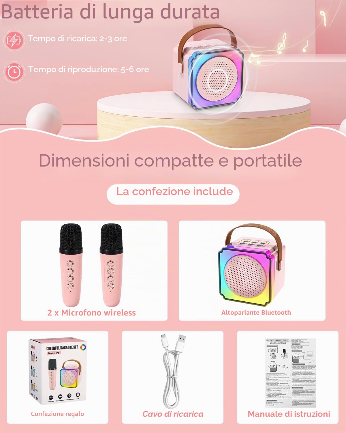 Azyvum Karaoke per Bambini con 2 Microfoni Senza Fili Bluetooth, Macchina Karaoke Portatile con Luce LED ed Effetti di Cambio Voce, Regalo Bambina 3-12 Anni, Ragazzi e Ragazze