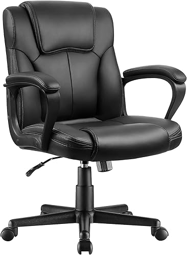 Silla ejecutiva de oficina giratoria con respaldo medio, asiento de escritorio ergonómico acolchado de cuero con soporte lumbar, reposabrazos, color