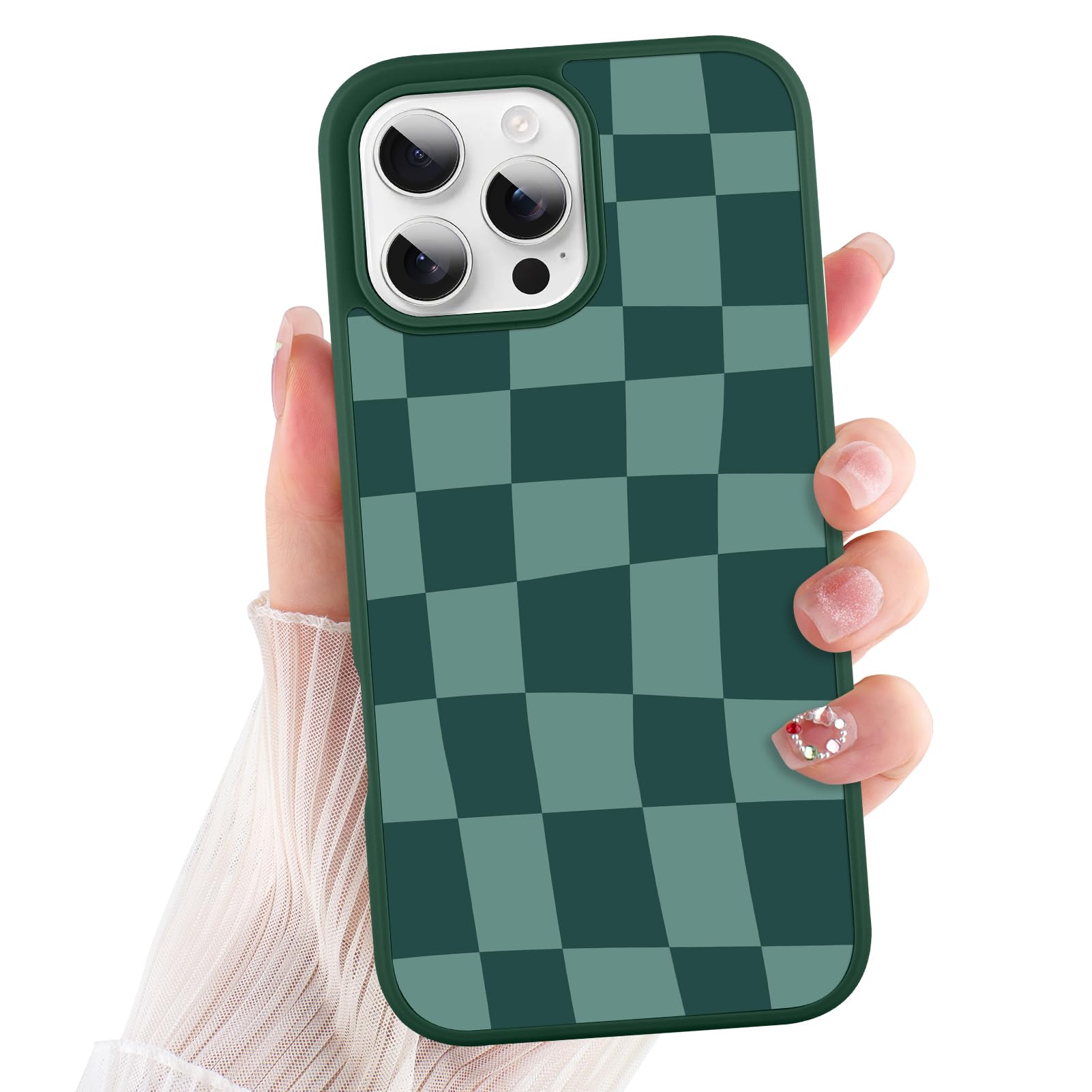 ZIYE for iPhone 16 Pro Max Case Green Checkered Grids Plaid Checkerboard Pattern Phone Case Soft TPU Bumper Hard PC Cute Protective Cover Slim
