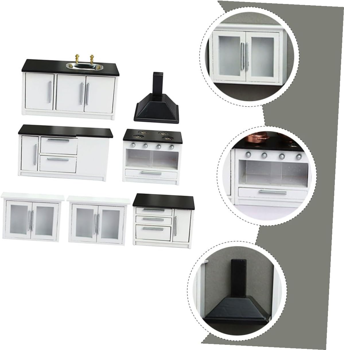 HEMOTON 12 Scale Mini Wooden Doll House Kitchen Furniture Set, White Miniature Gas Stove and Cabinet for ’ Dollhouse Decor and Play Accessories