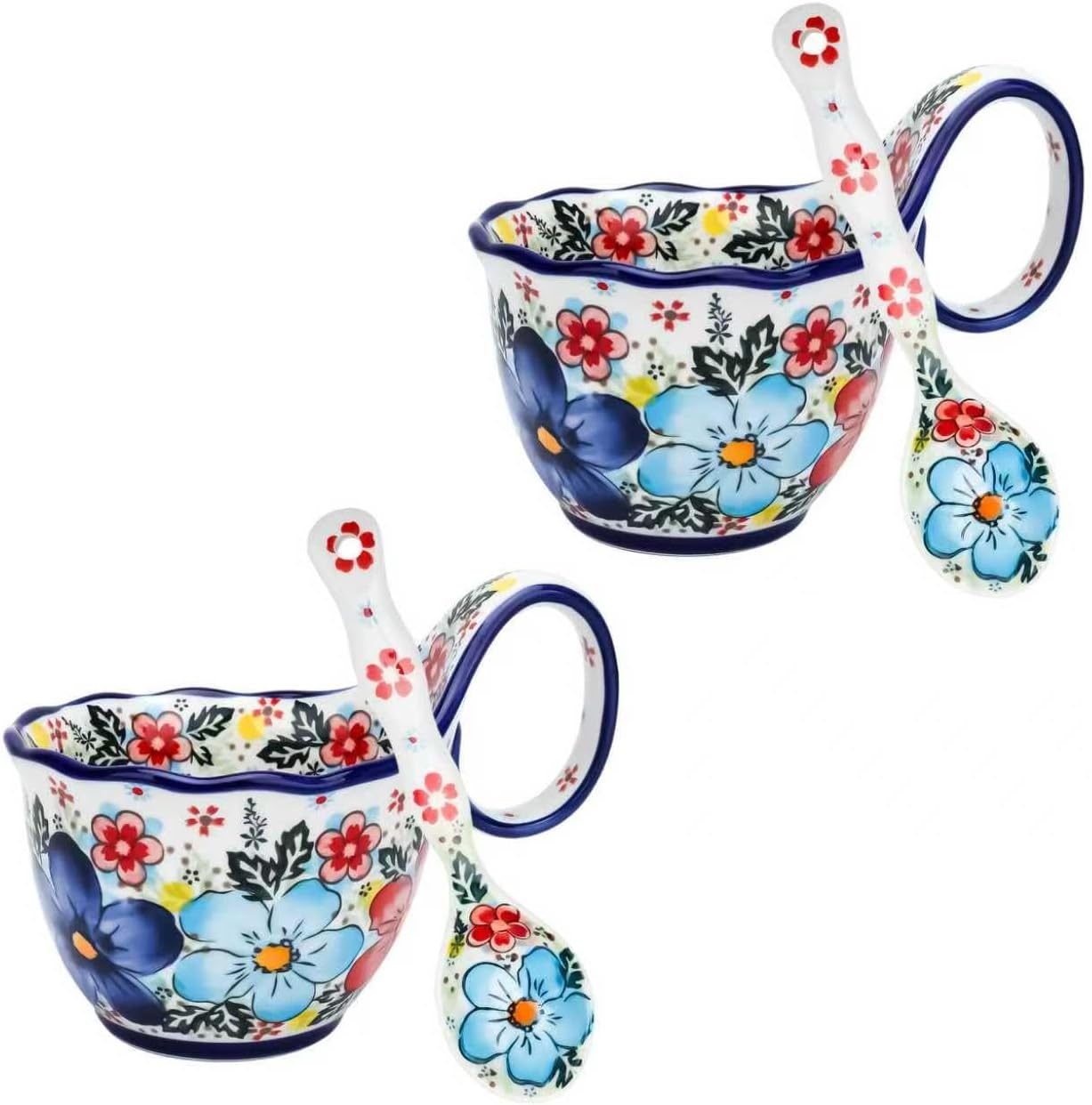AKAZA 2 Pcs 18oz With Spoon Loop Handle Soup Bowl – Handpainted Polish Pottery, Soup And Cracker Bowl For Fruits, Stew, Ice Cream, Microwave & Dishwasher Safe, Gift For Mother, Women, Mom, Kitchen