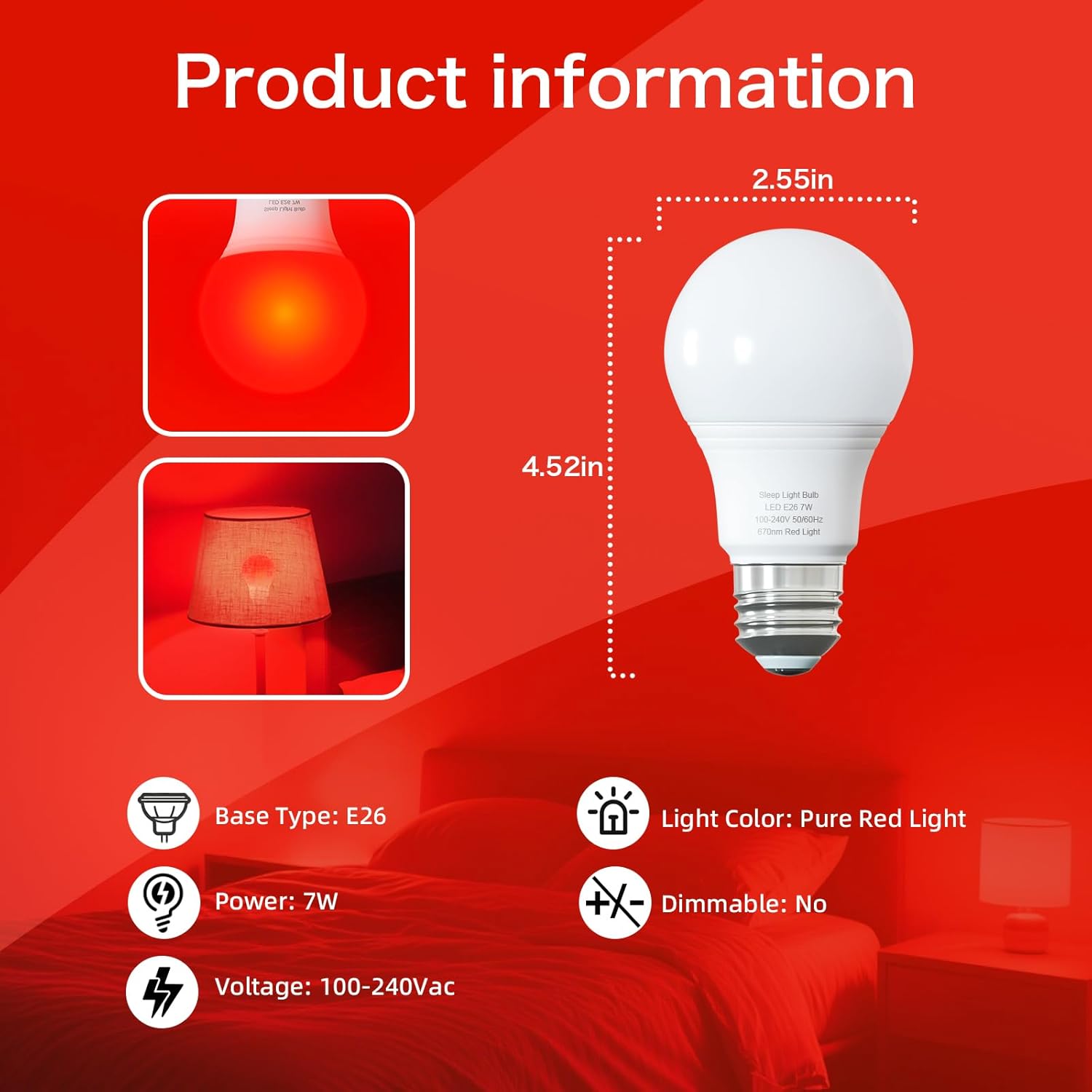Red Light Bulbs for Sleep 670nm Natural Sleep Aid Lamp Blue Light Blocking 7W E26 Base for Relaxation Travel Meditation Yoga Stress Relief
