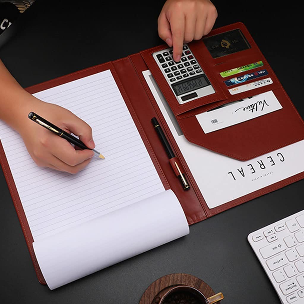 Cartella per appunti A4 Cartella per conferenze, Porta documenti ad anello, tasca multipla e blocco note for interviste e riunioni di organizzatori aziendali(Brown,12digit calculator)
