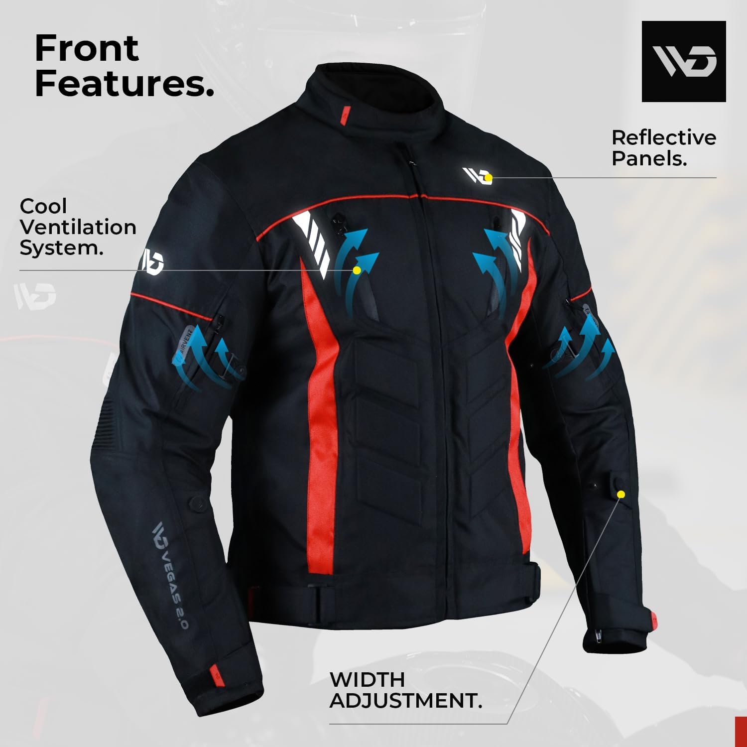 WD Motorcycle Jacket for Men CE Armoured Motorcycle Gear with padding, Breathable Cordura Fabric, Reflective Jacket for Night Visibility Powersports Protective Jackets Vegas 2.0 - (Red, X-Large)