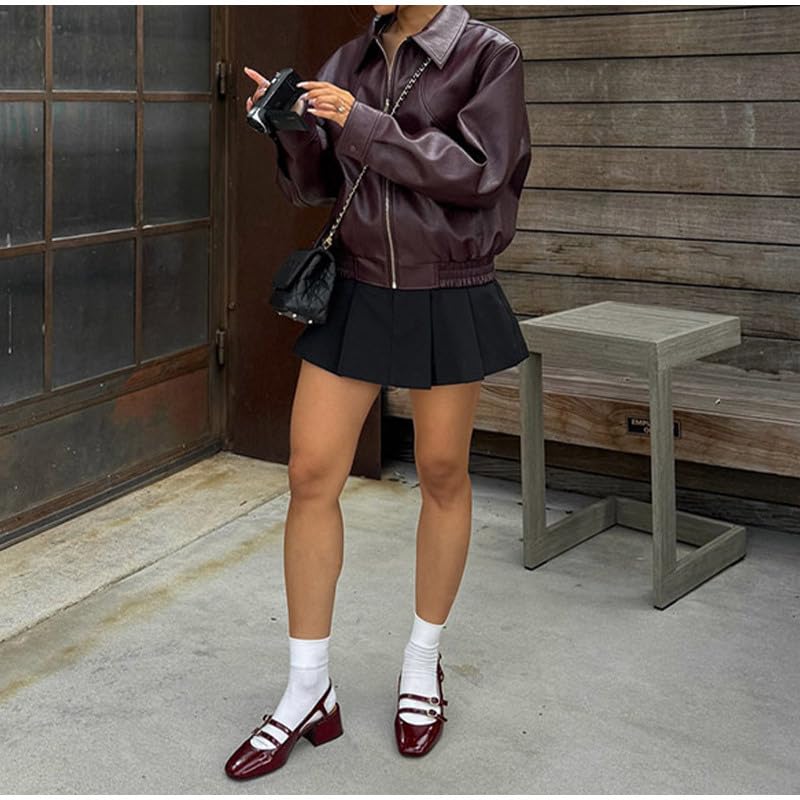 VOIKERDR Women's Leather Jacket Casual Long Sleeve Zipper Lapel Short Lightweight Motorcycle Jacket4