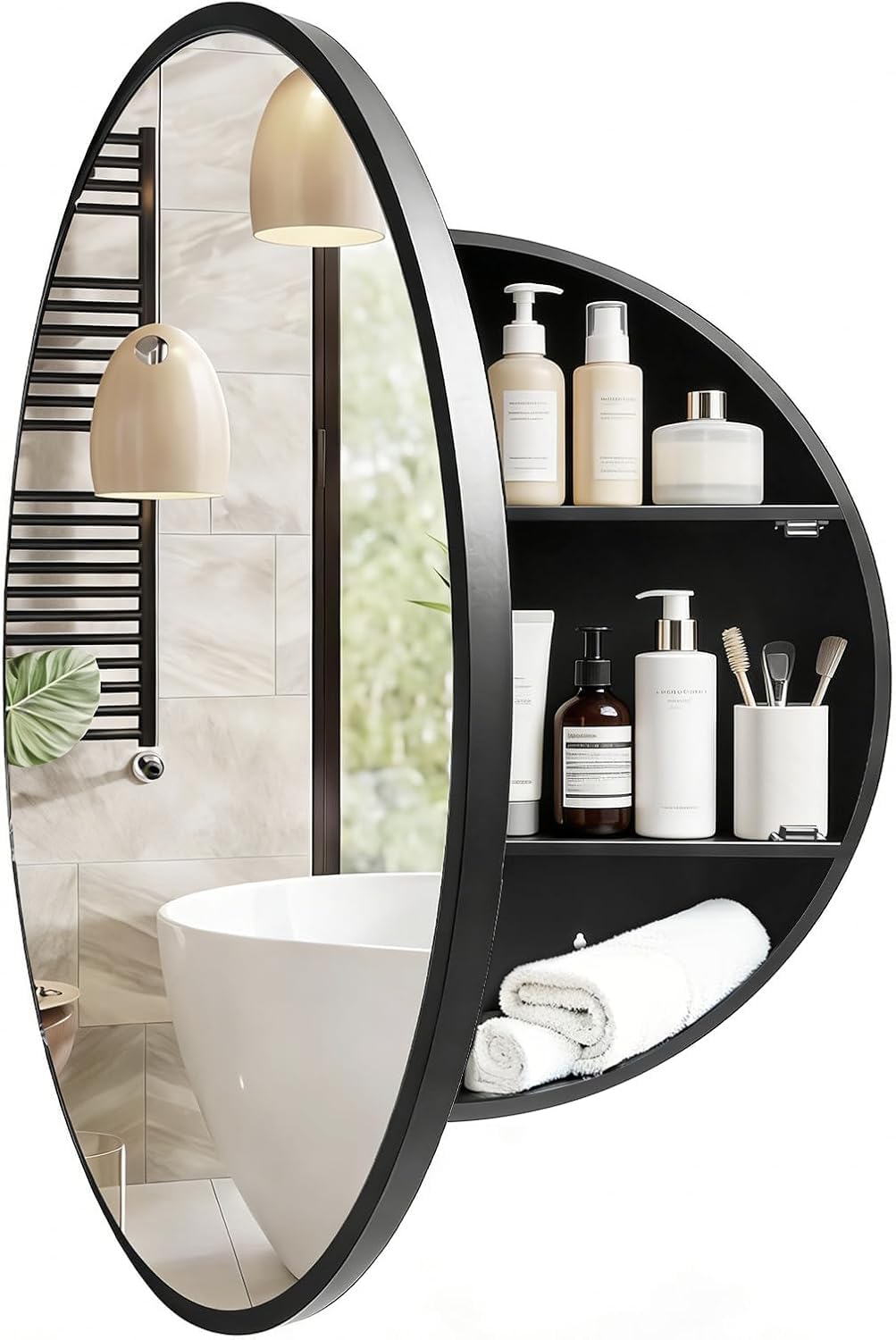 Janboe Round Mirror Cabinet,Aluminum Framed,Soft Close Hinge,76cm,Black