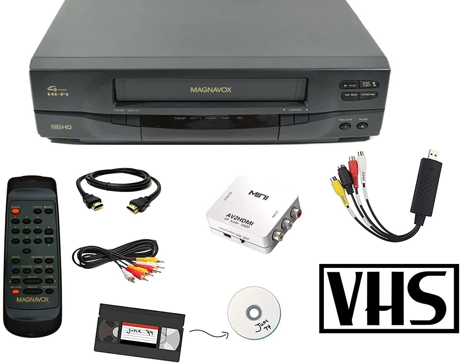 MAGNAVOX VCR Video Cassette Player with Remote, USB Adapter